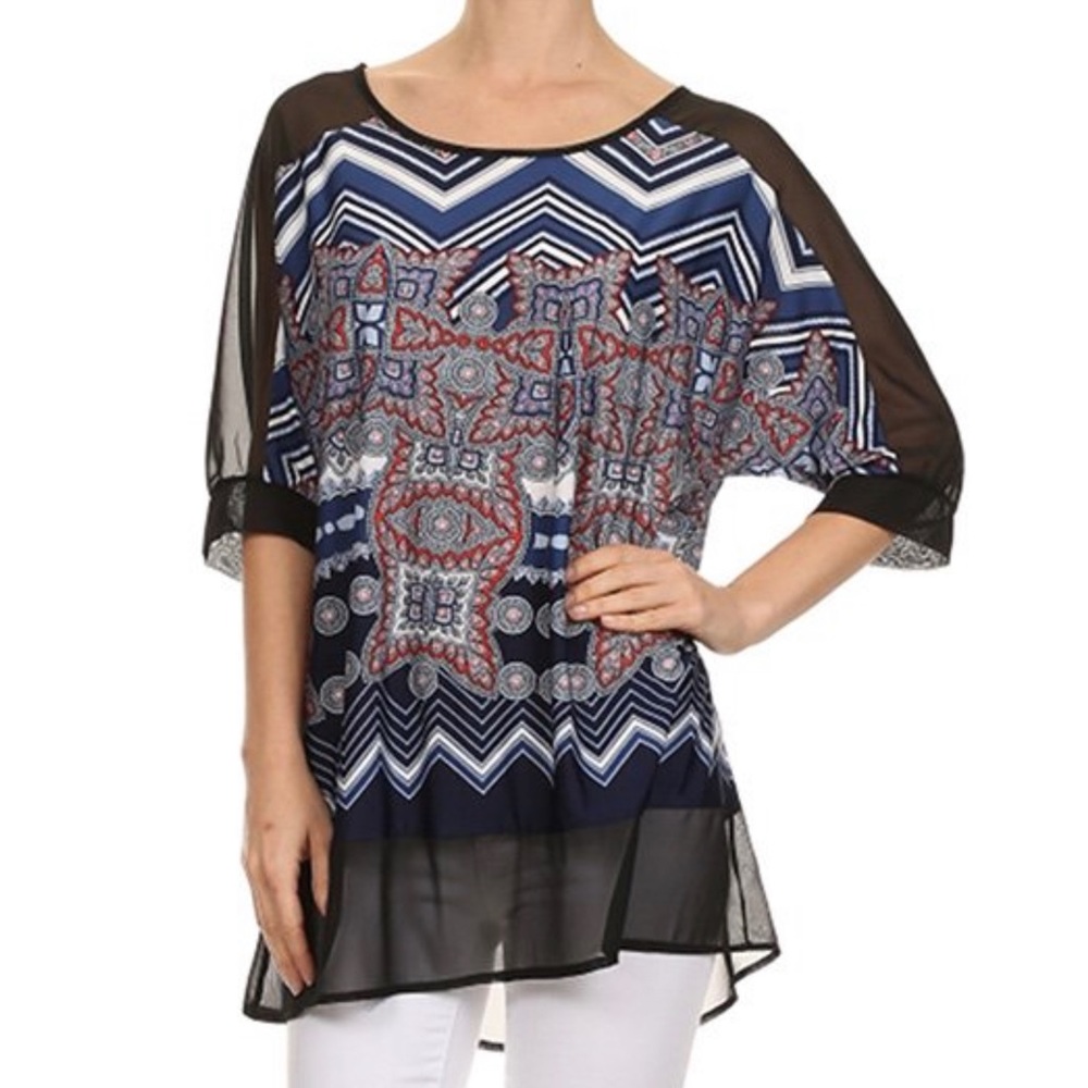 Vision - Navy Geometric Scoop Neck Top